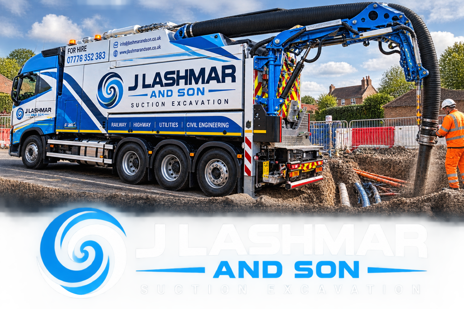 Blue and white J Lashmar and Son suction excavation truck brand concept